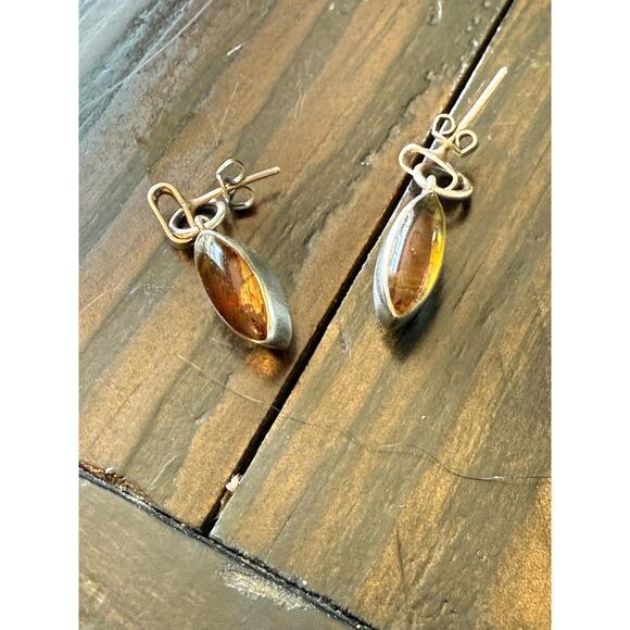 Vintage Reversible Sterling Silver Earrings Amber & Turquoise Dangle  Earrings - Picture 5 of 7